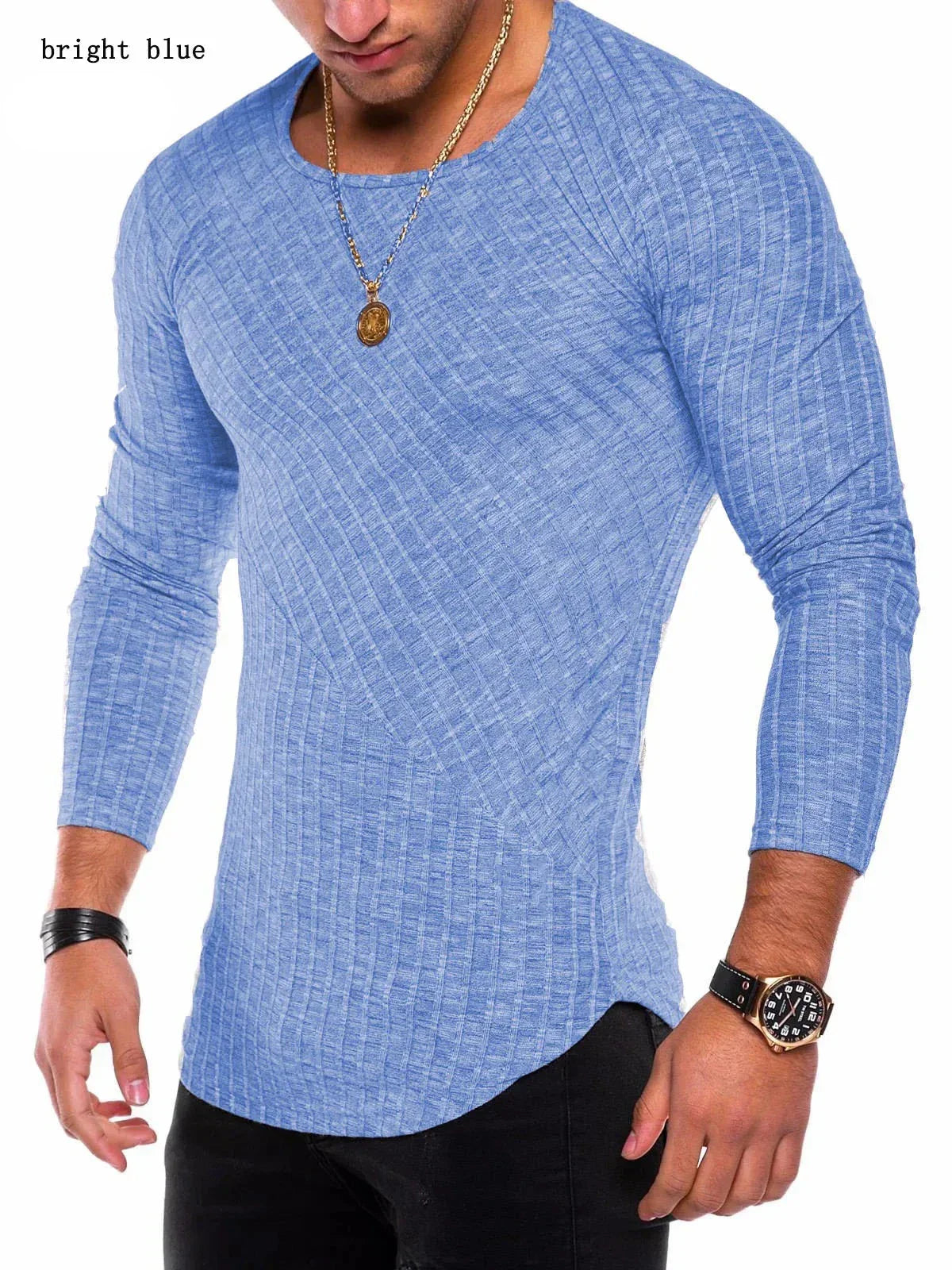 maoxiangshop New Pit Strip Solid Color Stitching Arc Bottom Bottom Shirt Round Neck Men's T-shirt