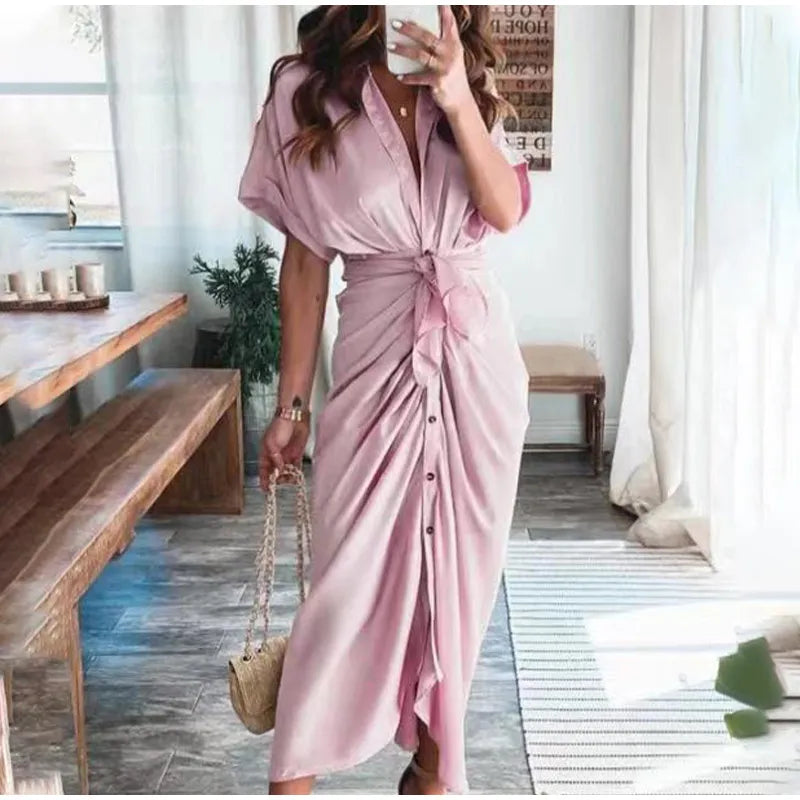 maoxiangshop Women Summer Elegant Button Ruched Bandage Shirt Dress Fashion Casual Short Sleeve Solid V Neck Beach Maxi Dress