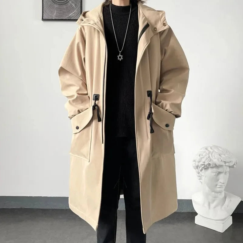 maoxiangshop Spring Autumn Army Green Windbreaker Fashion Men Mid-length Casual Hooded Coat Men Daily High Street Overcoat Male Clothes