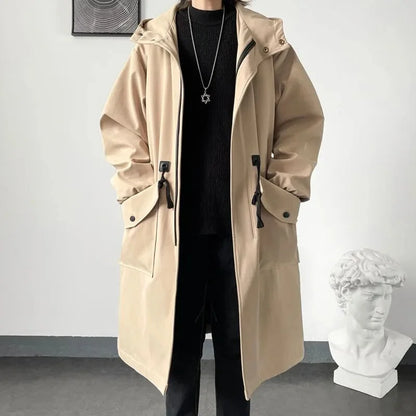 maoxiangshop Spring Autumn Army Green Windbreaker Fashion Men Mid-length Casual Hooded Coat Men Daily High Street Overcoat Male Clothes