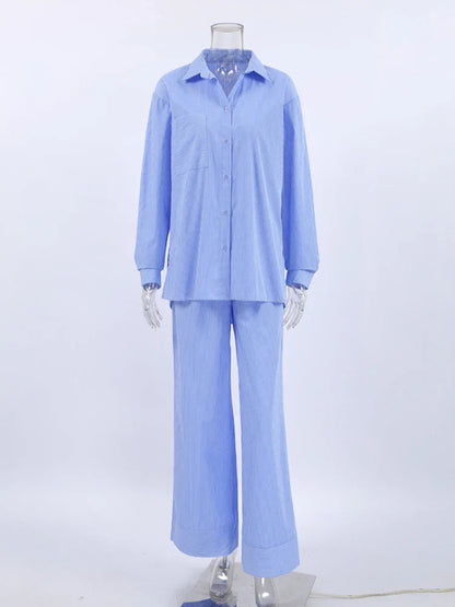 maoxiangshop  -  Women Autumn Winter Striped Pant Set Blue Long Sleeve Outfits Office igh Waist 2 Two Piece Matching Set Women