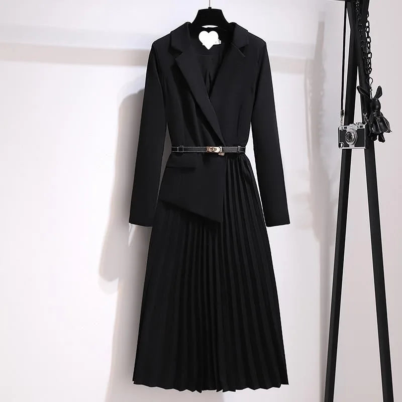 Long Dress Belt Patchwork One Piece Blazer Dress Women Elegant Office Ladies Long Sleeve Notched Female Autumn Midi Vestido