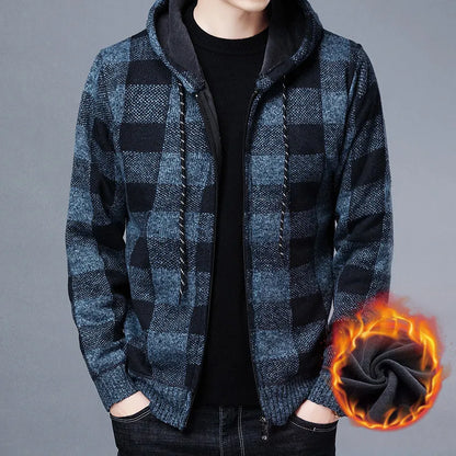 maoxiangshop Men Sweater Jacket Fashion Winter Coat Fleece Hoodies High Quality Luxury Checkered Hooded Knit Cardigan Male Outer Wear