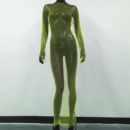 maoxiangshop-Y2K Sexy Shiny Rhinestones Grid Fishnet Dress Long Sleeve Hollow Out Side Slit Dress Beach Cover Up Breathable Lady Vestidos