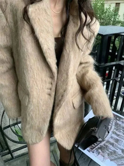 maoxiangshop  -  New Women's Collar Plush Jacket Elegant Loose Chic Coat Winter Thicken Fashion Office Ladies Warm Button Plush Jacket