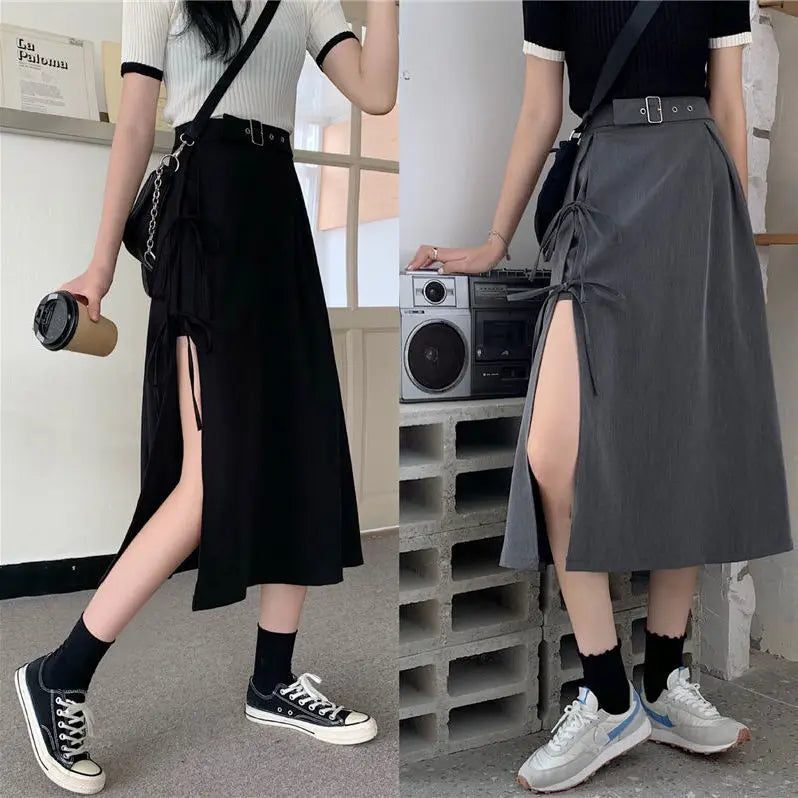 maoxiangshop Vintage Dark Gothic High Split Mid-Calf Skirts Women Elegant Fashion Party Club High Waist Femme Bottom Streetwear Goth Skirt