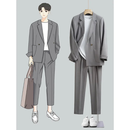 maoxiangshop New Casual Suit Set Men's Loose Fit Korean Version Handsome Spring Autumn Small Suit Coat Men's Slim Fit Complete Set
