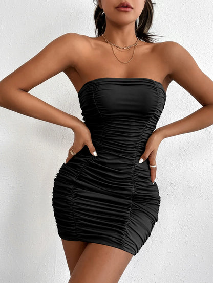 maoxiangshop Sexy Women Pleated Mini Dress Solid Party Elegant Sleeveless Slim Bodycon Club Dresses Strapless Streetwear