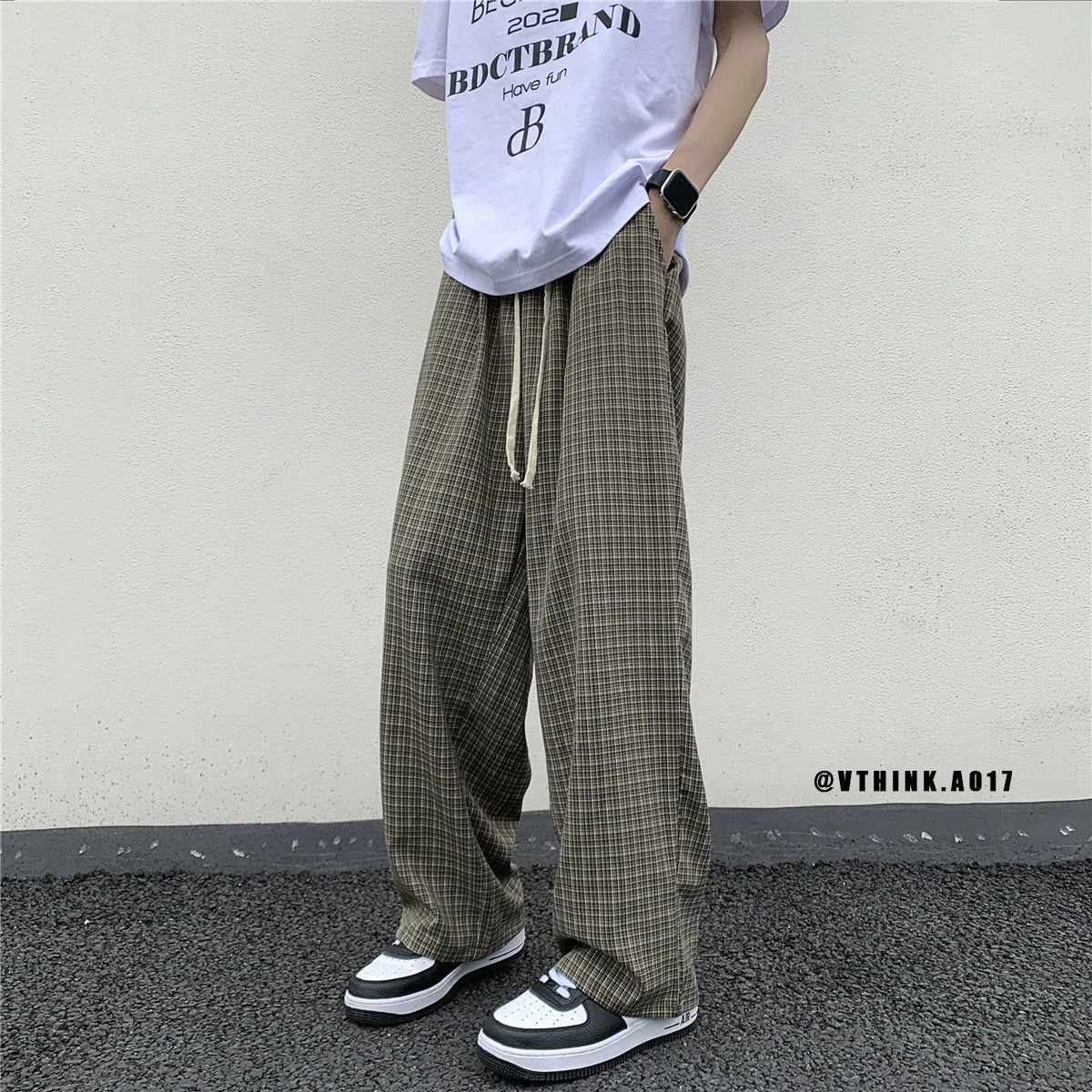 maoxiangshop Summer/Autumn Plaid Pants Men Loose Casual Straight Trousers for Male/Female Harajuku Hip-hop Streetwear Wide-leg Mopping Pants