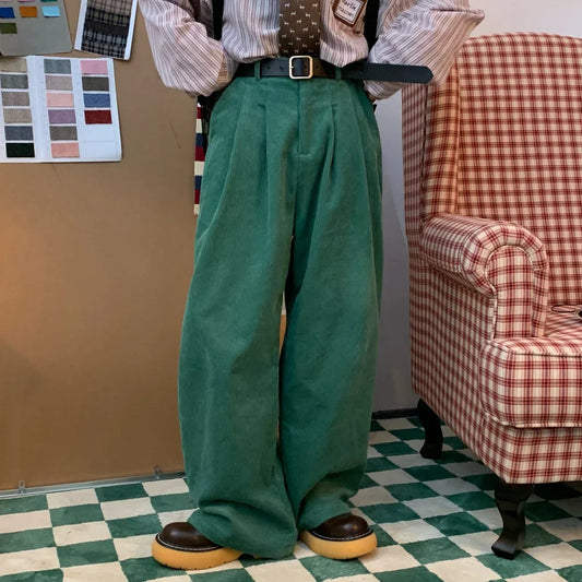 maoxiangshop Green Corduroy Pants Men Vintage Harajuku Japanese Retro Streetwear White Trousers Male Men's Casual Loose Fashion