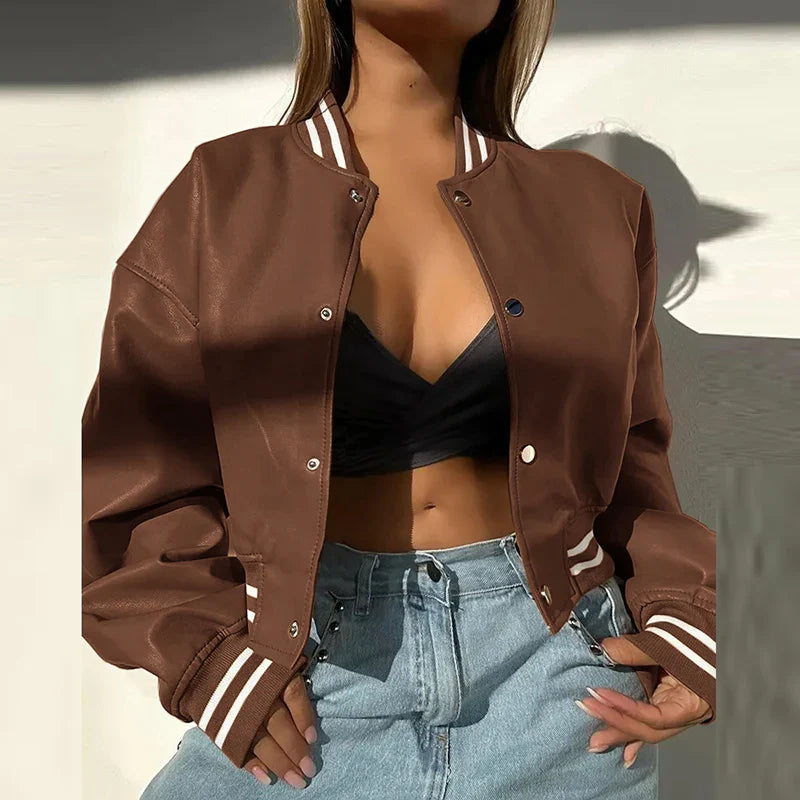 maoxiangshop  -  Y2K Motorcycle Girls PU Leather Outerwear 2024 Women Striped Baseball Single Breasted Jackets Fall Winter Long Sleeve Coats