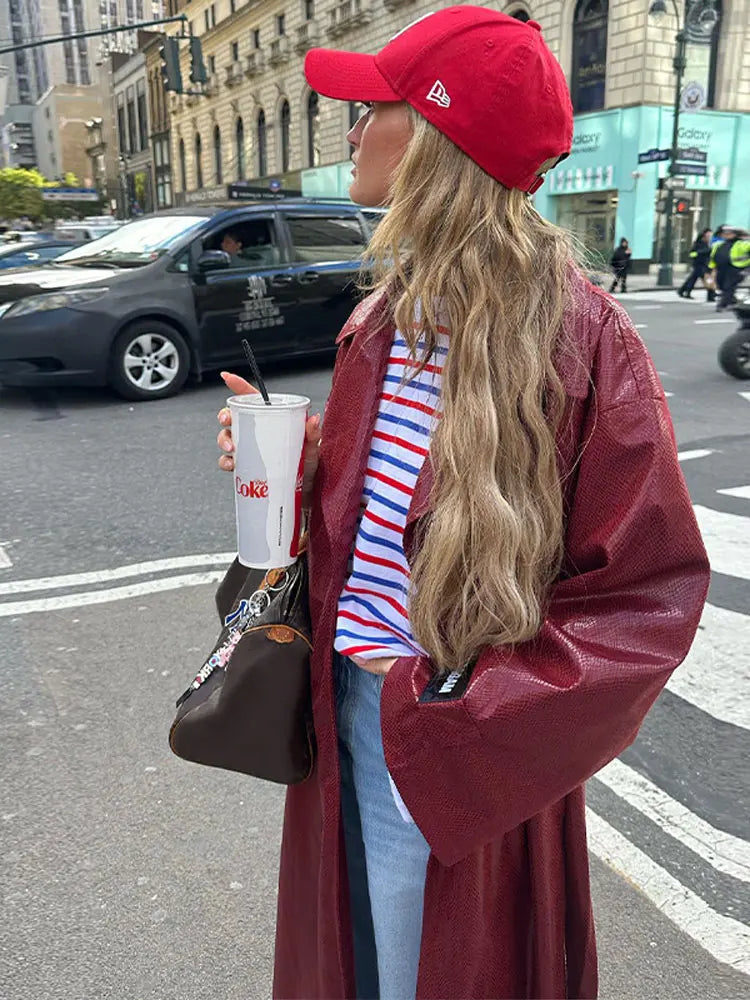 maoxiangshop -  Elegant With Belt Pu Leather Coat Women Turn Down Collar Full Sleeve Split Trench Coats Autumn Red Overcoat High Streetwear