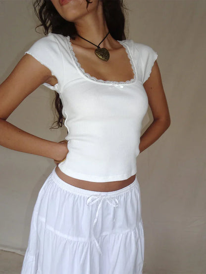 maoxiangshopY2k Vintage Baby Tee Cottage Lace Trim Knitted T-Shirt Summer Square Neck Short Sleeve Tee Shirt  Women White Milkmaid Crop Top