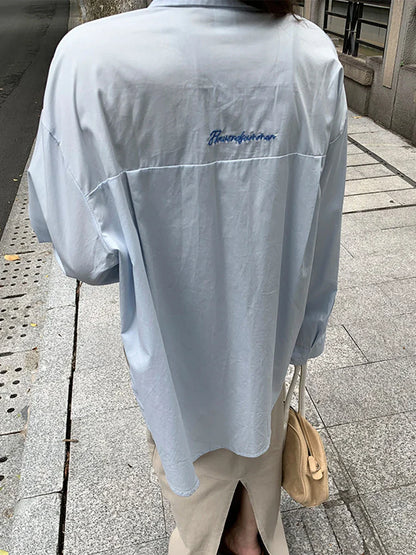 maoxiangshop  -  Letter Embroidered Blouse Women Autumn New Single Breasted Lapel Collar Blouses Chic Casual Fashion Long Sleeve Shirt Outerwear