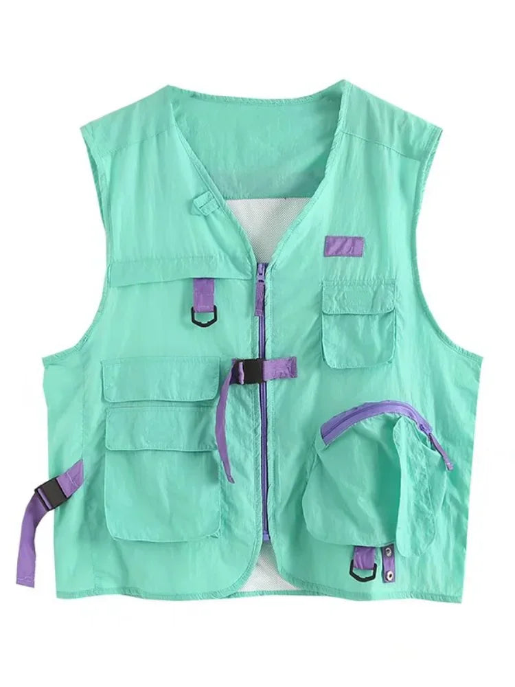 Women Jacket Vest Green Cotton Pullover Casual Tops Summer V Neck Sleeveless Single-breasted Korean Ladies Outwear