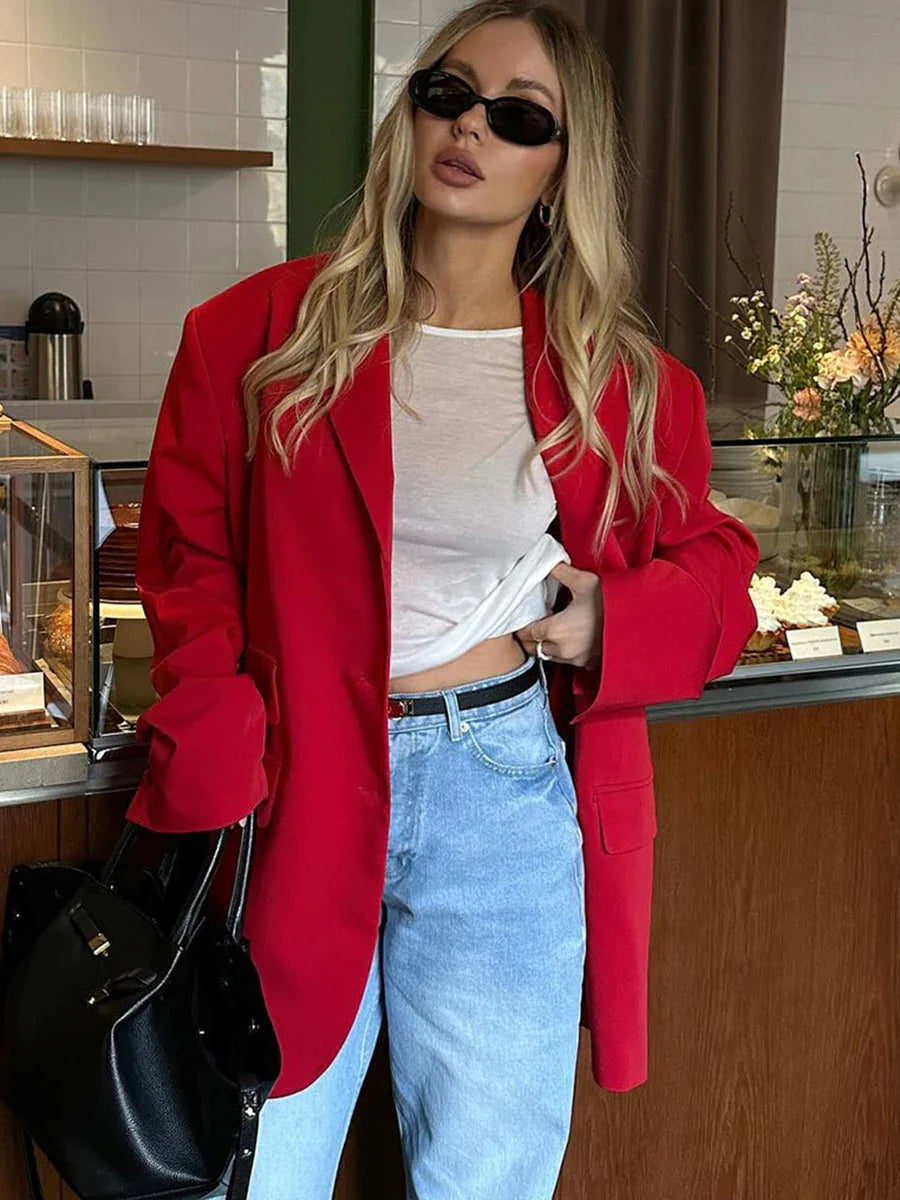 maoxiangshop  -  Autumn Red Fashion Blazer Women 2024 New Single Breasted Long Sleeve Pockets Outerwear Streetwear Fashion Casual Jackets Female