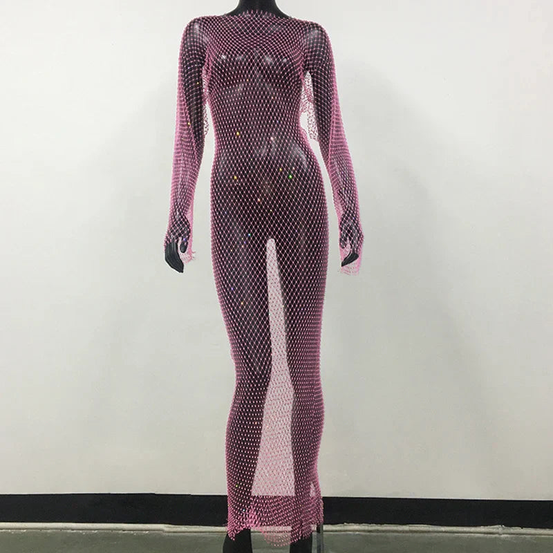 maoxiangshop-Y2K Sexy Shiny Rhinestones Grid Fishnet Dress Long Sleeve Hollow Out Side Slit Dress Beach Cover Up Breathable Lady Vestidos