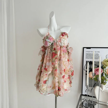 Summer French Vintage Mini Fairy Chiffon Floral Lantern Sleeve Dress Women Mori Romantic Frock Evening Court One-Piece Gyaru New