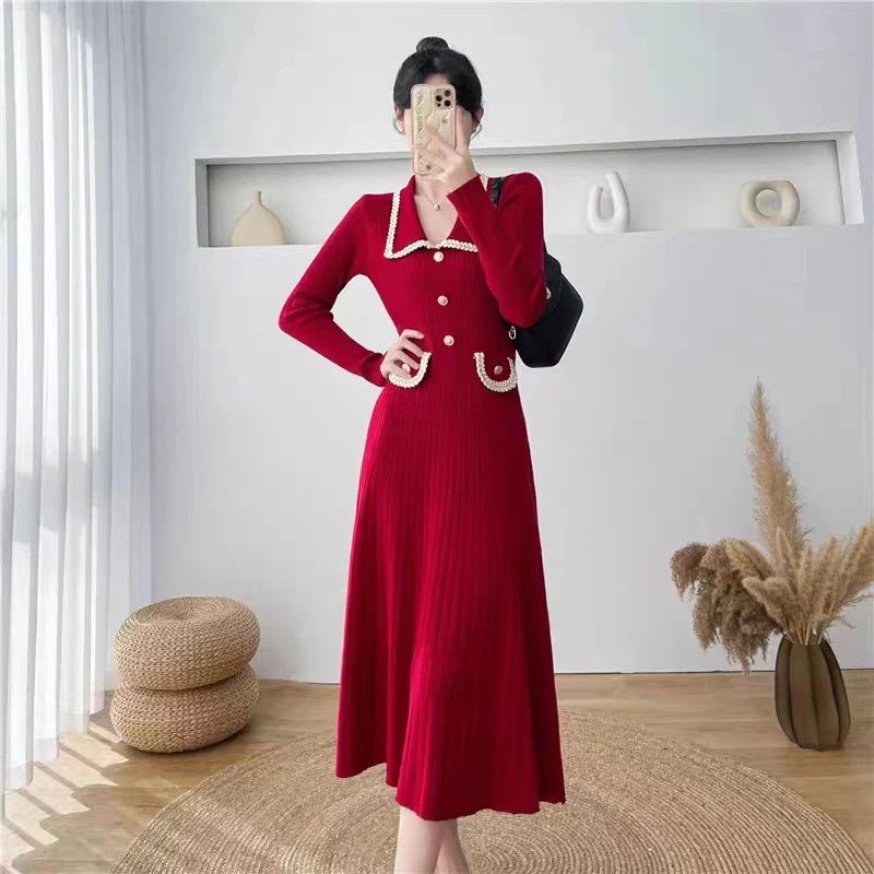 Elegant Knitted Midi Dress Women Black Long Sleeve Sweater Dresses Fall Winter Ladies Korean Fashion Bodycon Vestidos New