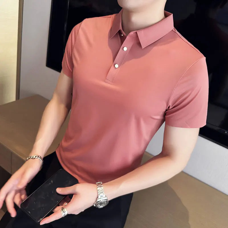 maoxiangshop Mens Short Sleeve POLO Shirt Summer Thin New High Elasticity Solid Color Casual Slim Fit Formal Dress Shirt Men Clothing