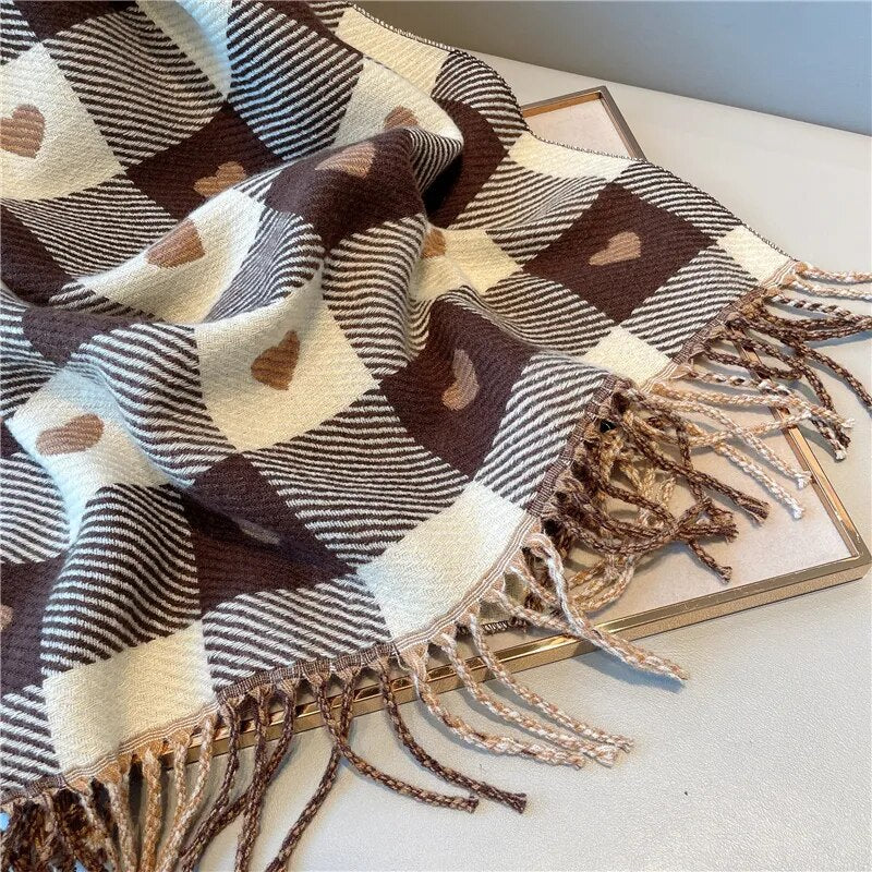 maoxiangshop Luxury Brand Women Knitted Heart-pattern Plaid Scarf Lovey Girl Winter Warm Scarves College Leisure Shawl Wraps