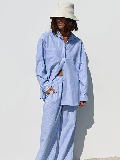 maoxiangshop  -  Women Autumn Winter Striped Pant Set Blue Long Sleeve Outfits Office igh Waist 2 Two Piece Matching Set Women