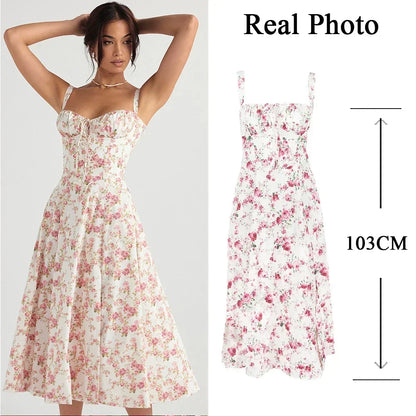 A Line Floral Printing Dress Midi Sexy Dress Prom Club Night Dresses Summer Bodycon Women Party Dress Dress Elegant