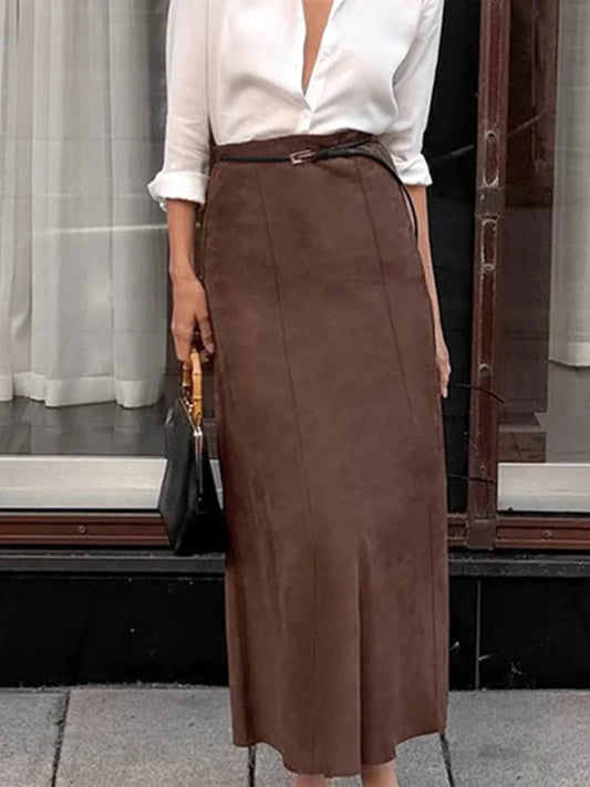 maoxiangshop  -  Elegant Suede Brown Women Skirts High Waist Pleated Slim Female Skirt 2024 Autumn Winter Zipper Office All Match Lady Party Wear
