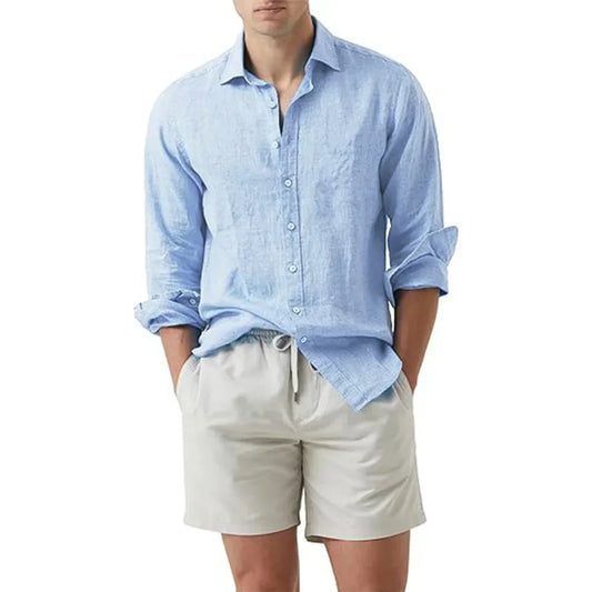 maoxiangshop Summer Shirt Beach Cotton Linen Shirts Men Cardigan Tops Long Sleeved Turn Down Collar Slim Fit Large Size