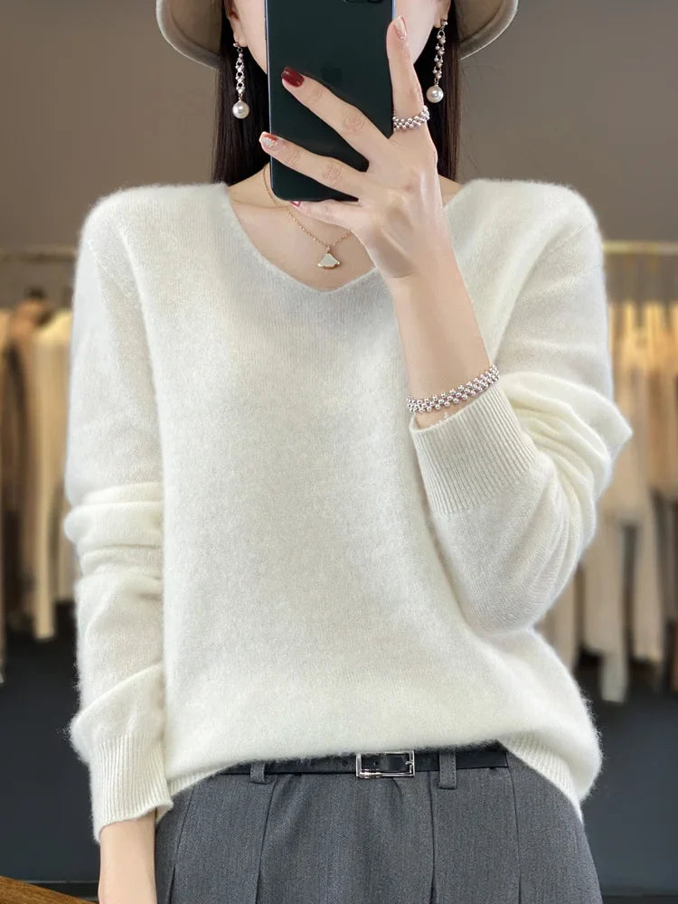 maoxiangshop Pure Wool V-Neck Sweater Women's Short Autumn And Winter All Loose And Thin Pullover Sweater Base Shirt Solid Color Authentic