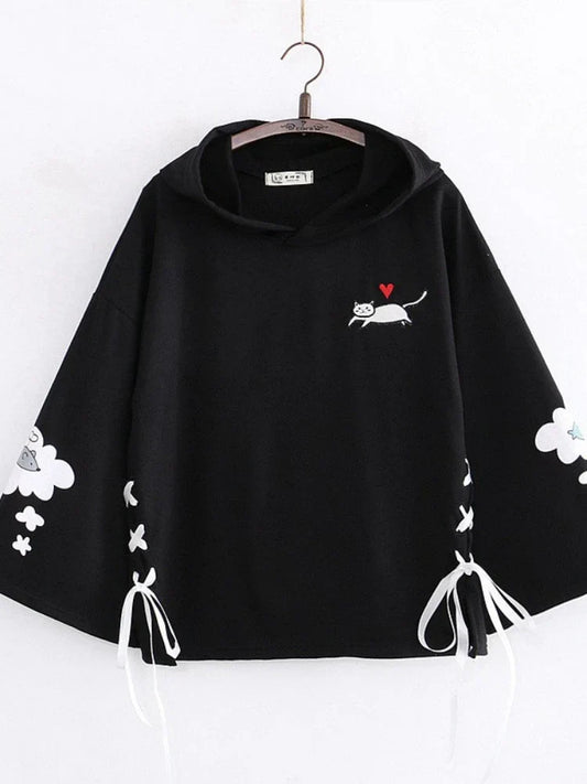 maoxiangshop Women Black Cartoon Cat Embroidery Hooded Sweatshirt Lace Up Korean Hoodies Summer Harakuju Casual Cute