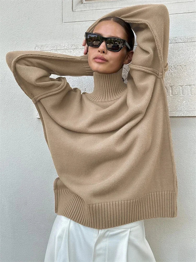 maoxiangshop  -  Winter Knit Turtleneck Pullover Female Clothes Loose Casual Ribbed Patchwork Long Sleeve Oversized Sweater Women Knitwear New