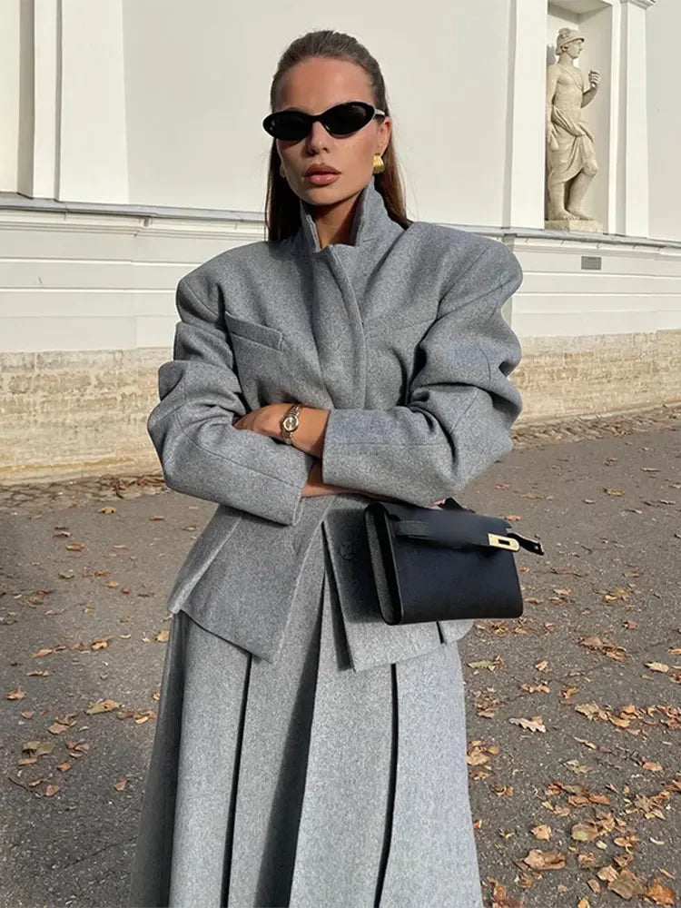 maoxiangshop  -  Women Fashion Solid Woolen Skirt Suits Elegant Stand Collar Full Sleeve Coat Loose Pleated Long Skirts Set Fall Chic Lady Outfit