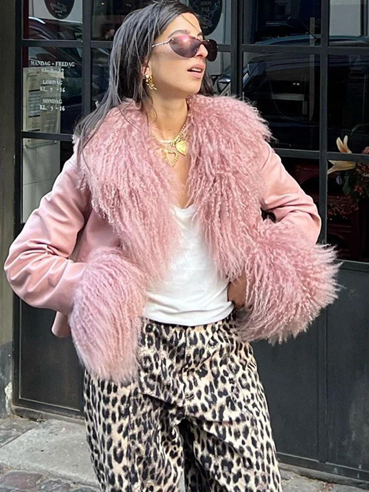 maoxiangshop -  Elegant Ostrich Hair Sleeve Jacket Women Fashion V Neck Long Sleeve Leather Coat Pink Autumn Chic Lady Single Breasted PU Tops