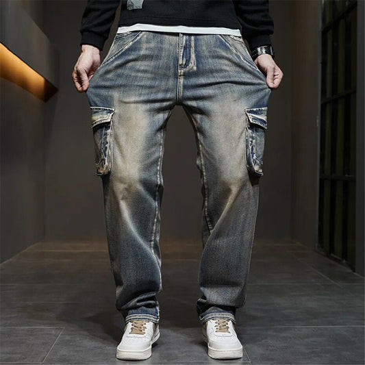 maoxiangshop 42 44 Plus Size Jeans Men Denim Pants Baggy Jeans Vintage Cargo Pants Loose Fashion Causal Trousers Male Big Size Bottoms