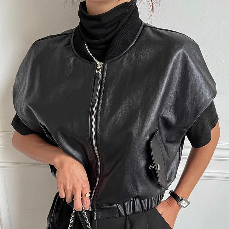 maoxiangshop  -  Retro High-End Leather Vest Women'S Autumn And Winter Round Neck Zipper Style Loose And Versatile Short Sleeved Jacket