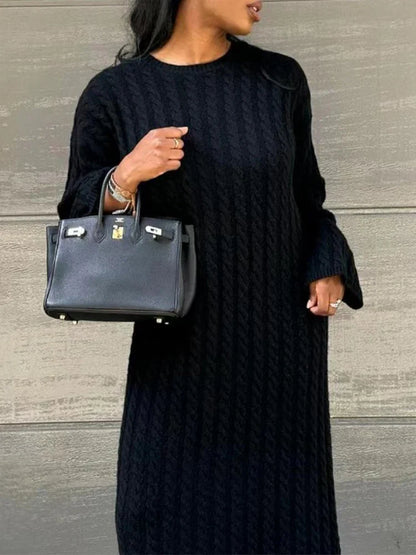 maoxiangshop Autumn Winter Knitted Dress Women Fashion Solid Color Ribbed Sweater Dress Female Elegant Casual Loose Long Sleeve Long Dresses