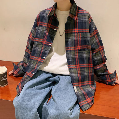 maoxiangshop Harajuku Long Sleeve Plaid Shirts Men Big Size M-5XL Autumn Chic Loose Vintage High Street All-match Gentleman Camisa