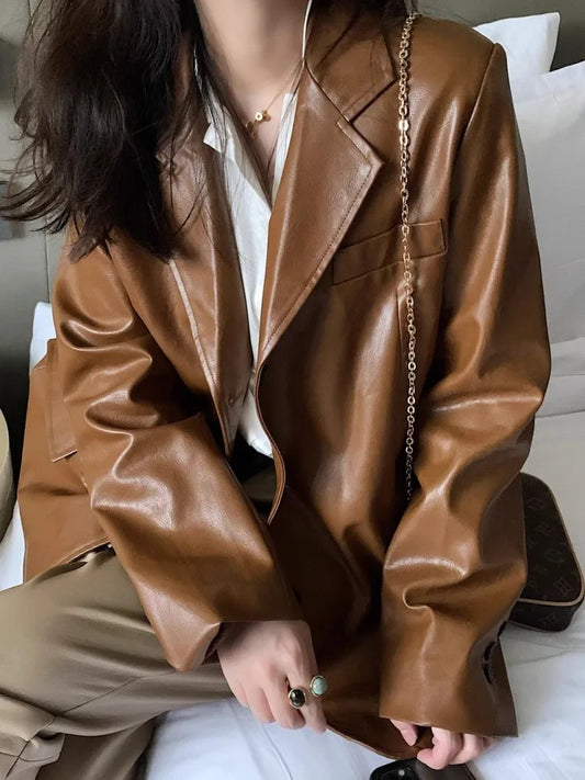 maoxiangshop  -  Fashionable Casual Suit Jacket For Women'S Autumn And Winter New Style Retro Hong Kong Style Loose Motorcycle Jacket