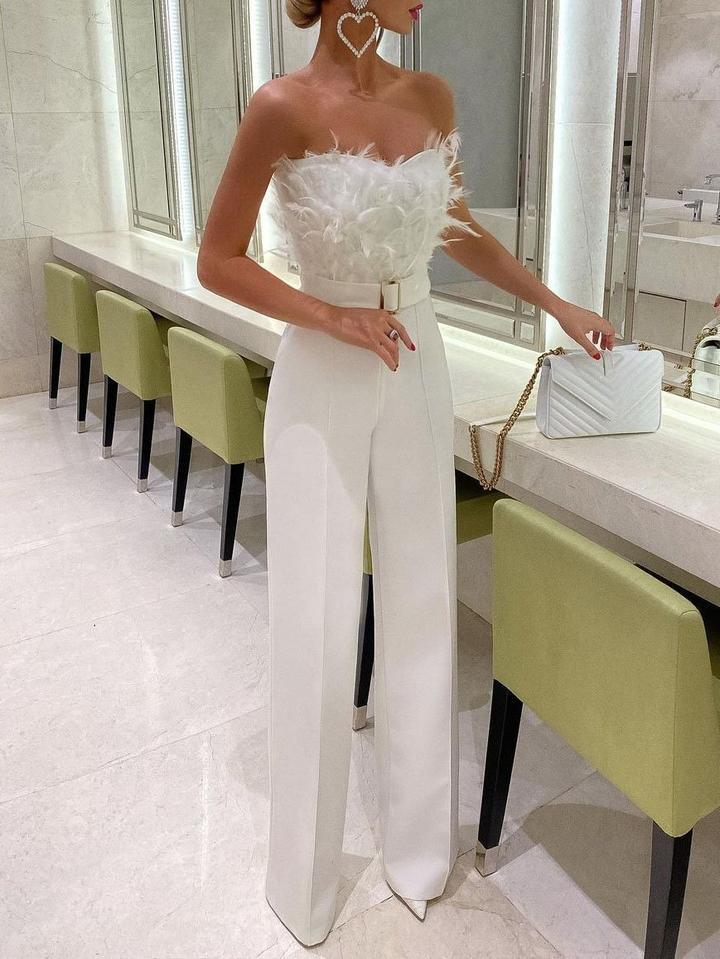 maoxiangshop Jumpsuit Women Elegant Long Jumpsuit Strapless Slash Neck Feather Tube Top Sexy Fashion Party Night Evening Jumpsuit Summer