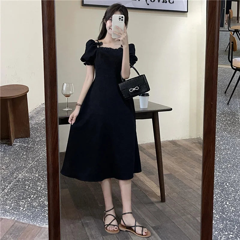 maoxiangshop New Women Vogue Off Shoulder Dress Lady Kawaii Bowknot Holiday Casual Dress Female Gentle Cutecore Elastic Puff Sleeve Dress