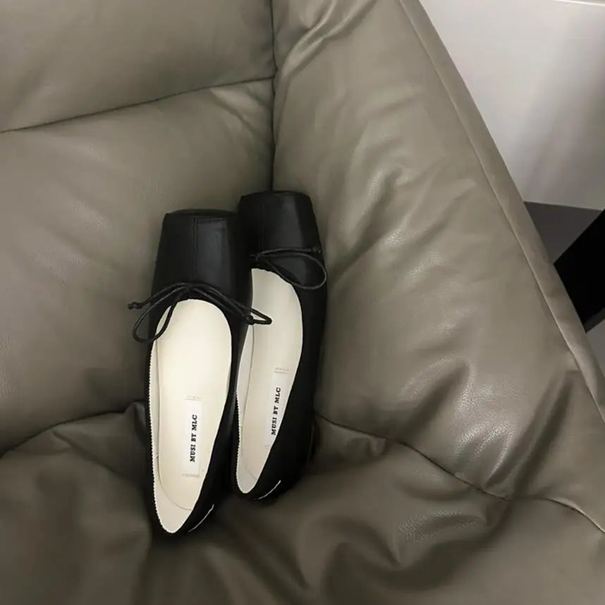 maoxiangshop  -  NEW Spring/Autumn Number 8 Flats Women Slip on Shoes Fashion Mary Jane Shoes Square Toe Women's Shoes Bow Silk Ballet Flats