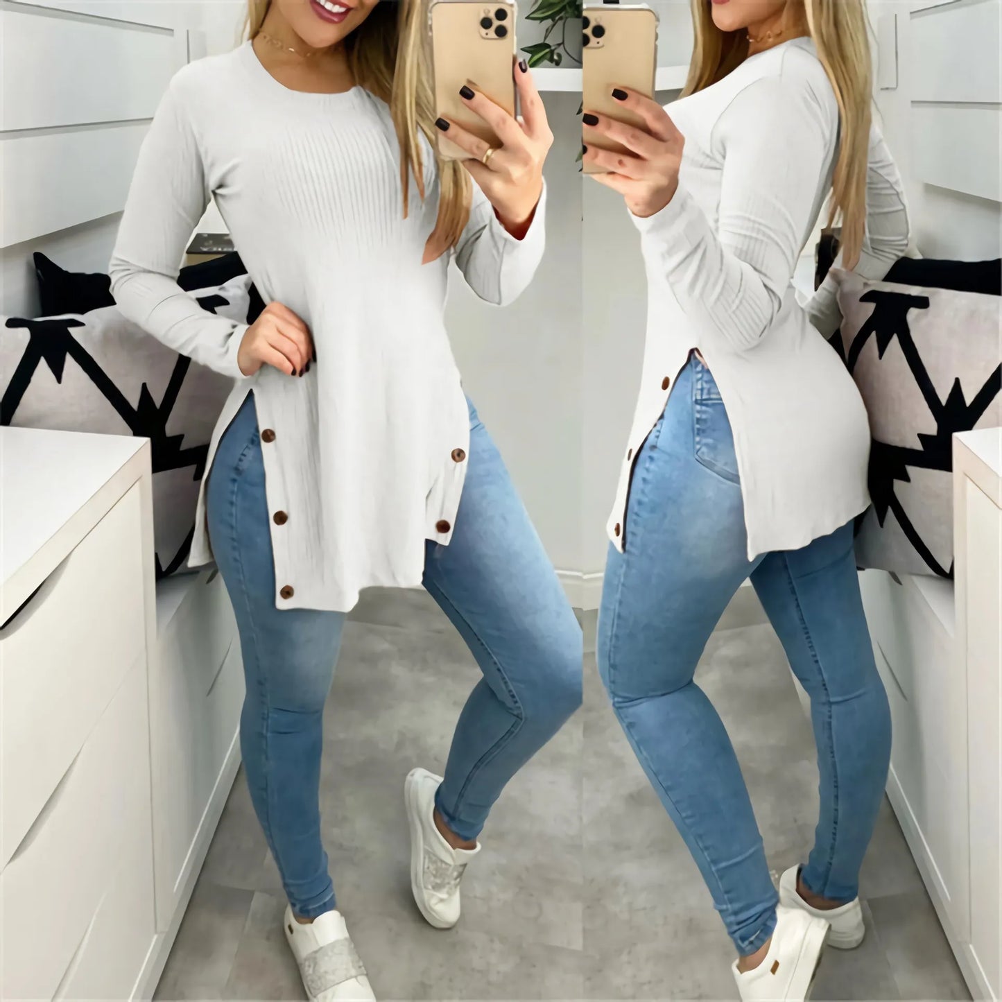 maoxiangshop Pit strip solid color round neck slit button long sleeve T-shirt large size women's blouse