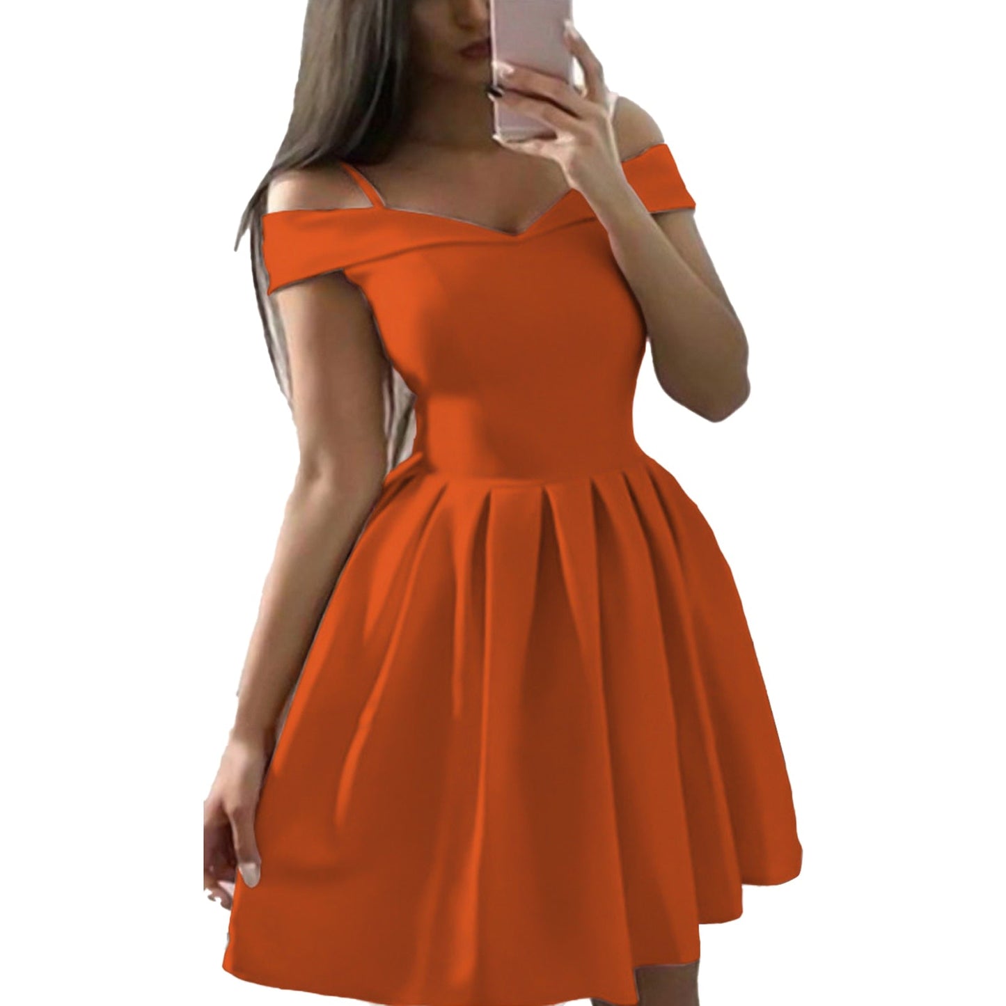 maoxiangshop Elegant Women Long Sleeve V Neck Off Shoulder Large Swing Ruffled Hem Mini Dress