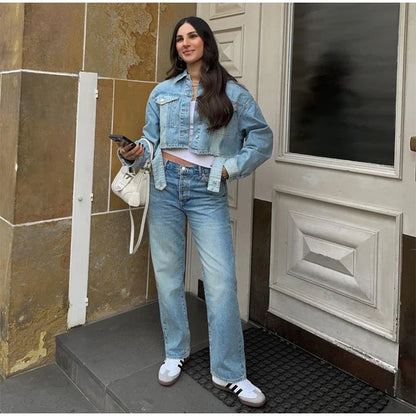maoxiangshop  -  Denim Jacket Women Fashion Lapel Single Breasted Blue Bomber Jackets Female Spring Autumn Streetwear Loose Short Coat Tops