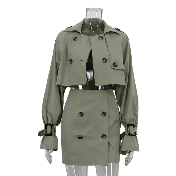 maoxiangshop  -  Short Jacket Skirt Two-Piece Set For Women Retro Button Slim Splice Mini Skirt Female Autumn Streetwear Matching Sets