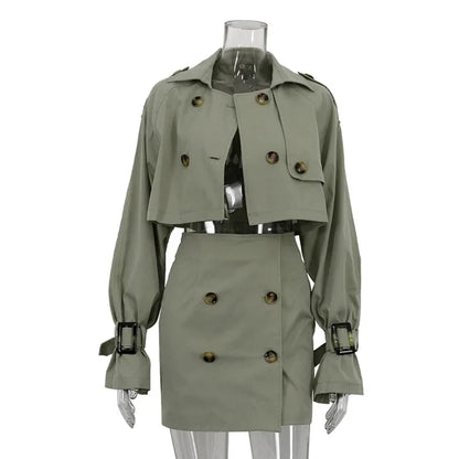maoxiangshop  -  Short Jacket Skirt Two-Piece Set For Women Retro Button Slim Splice Mini Skirt Female Autumn Streetwear Matching Sets