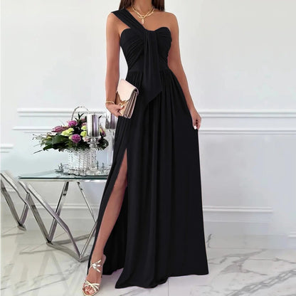 maoxiangshop Women Long One Shoulder Elegant Evening Dress Flower Fashion Elegant Dress Party Festive Casual Long Black Dresses for Women