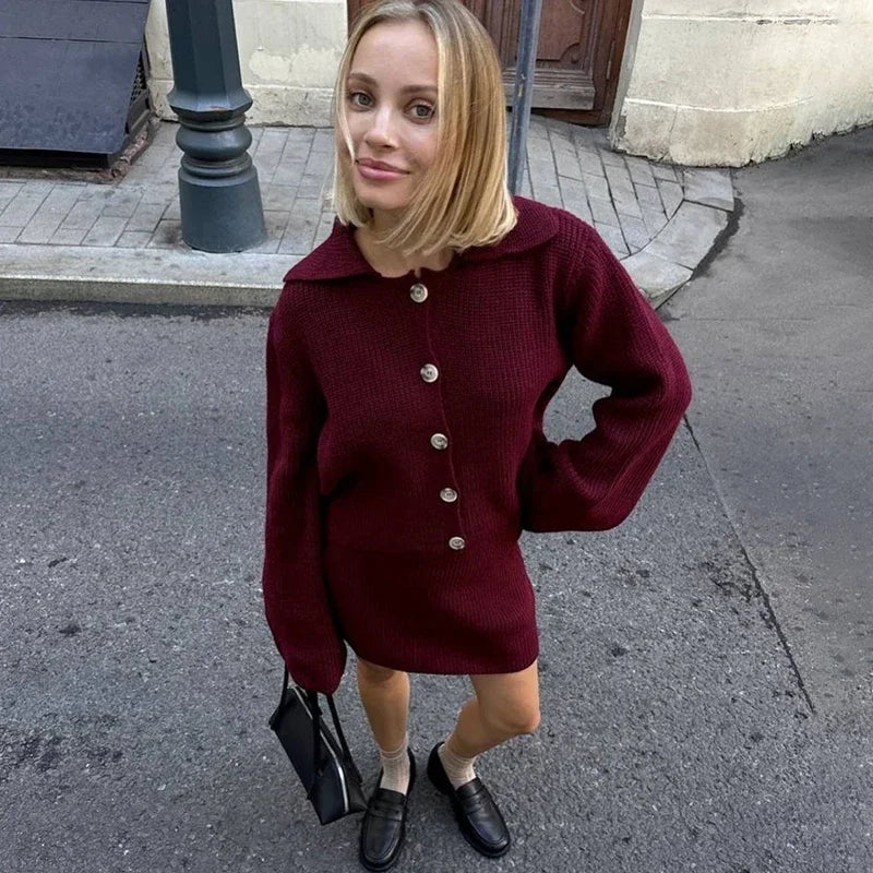 maoxiangshop  -  Women's Knitted Suit Lapel Flare Sleeve Cardigan Skirt Autumn Winter New Fashion Solid Slim Female Sweater Two Piece Sets