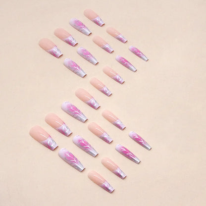 maoxiangshop 24Pcs Long Ballet False Nails Long French Fake Nails with Heart Designs Wearable Coffin Press on Nails Full Cover Nail Tips